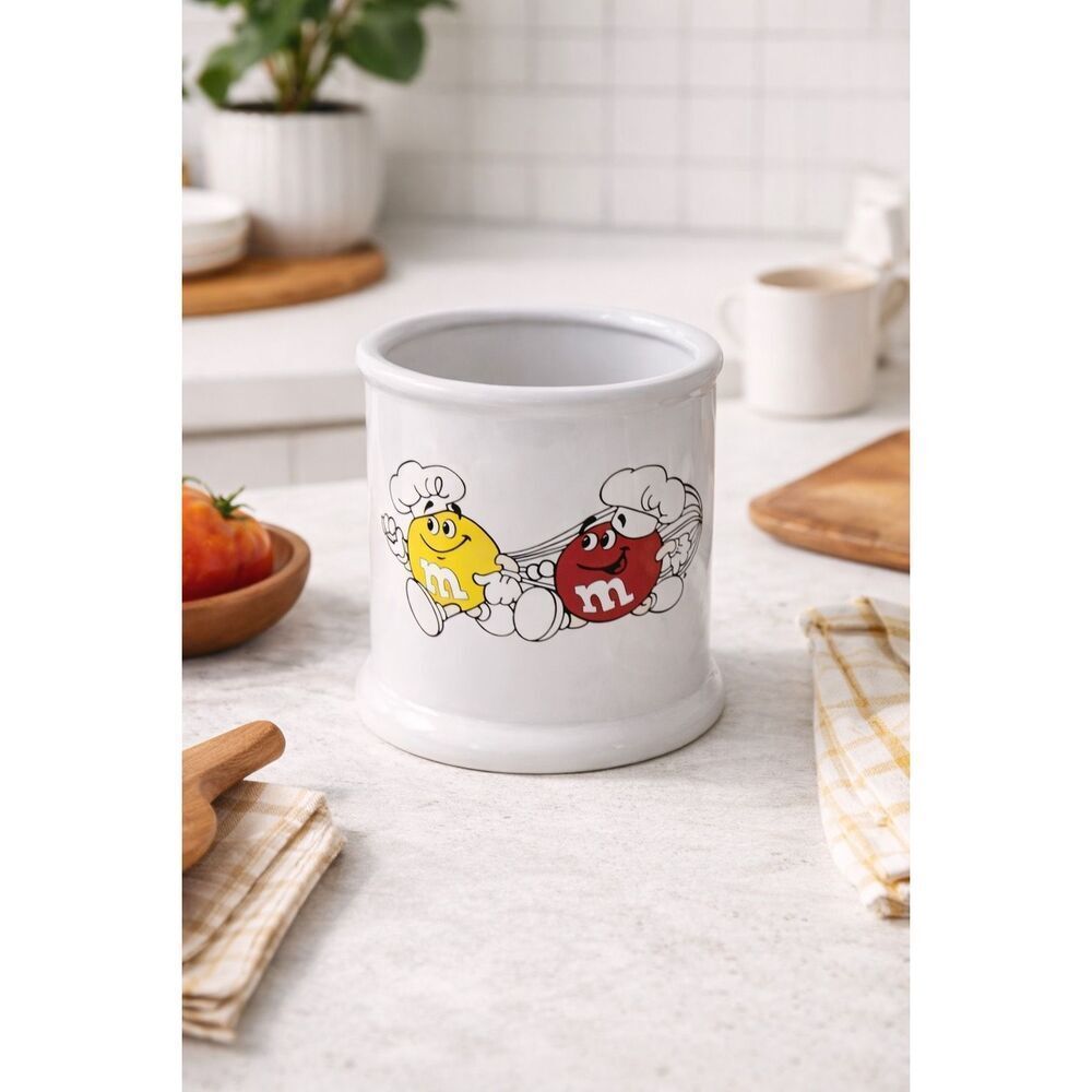 M&M’s Chef Ceramic Utensil Holder White Kitchen Canister Vintage Candy Decor